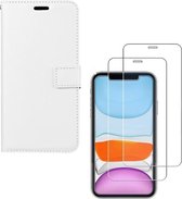 Bookcase Geschikt voor: iPhone 11 - wit - portemonee hoesje + 2X Tempered Glass Screenprotector