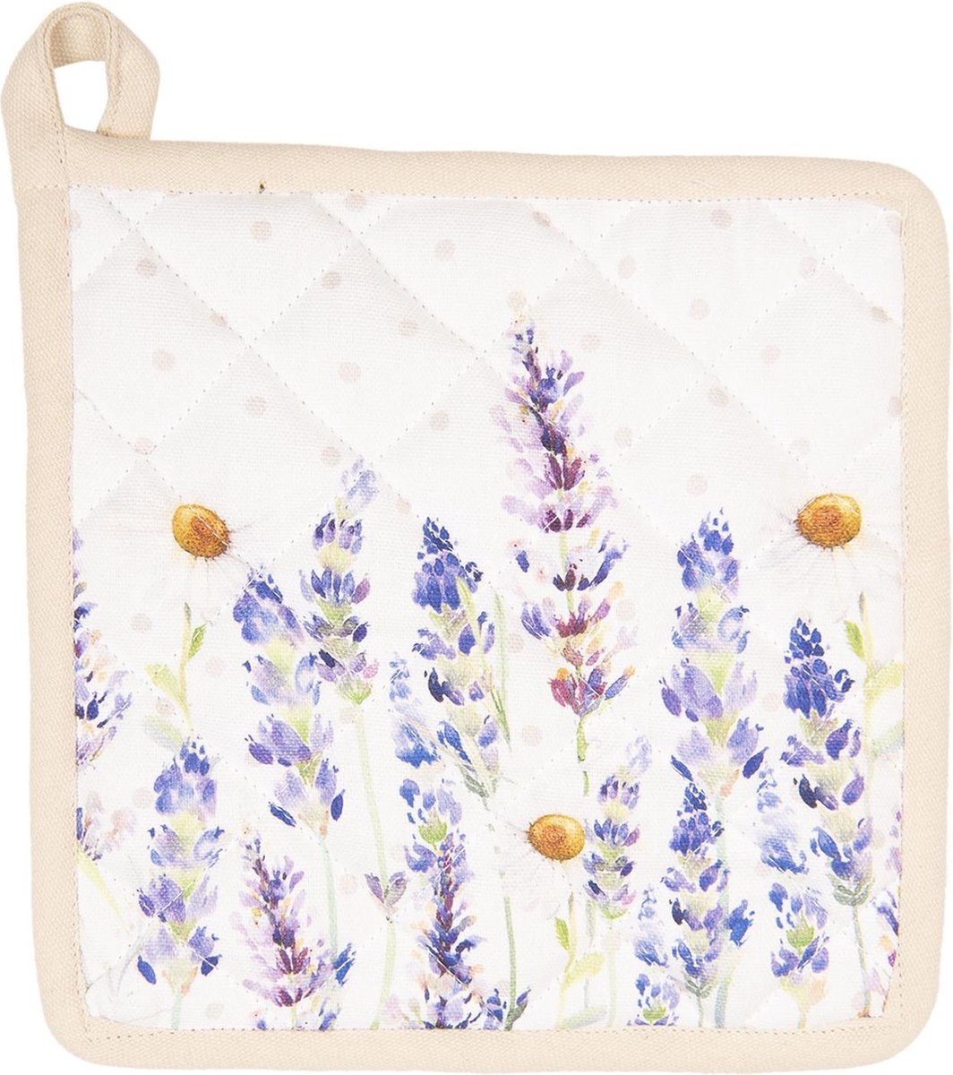Clayre & Eef Pannenlap 20x20 cm Wit Paars Katoen Vierkant Lavendel Afgiet Pannenlap