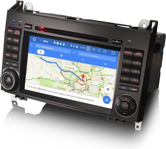 Zwarte autoradio met touchscreen met kaartnavigatie en verkeersinformatie.