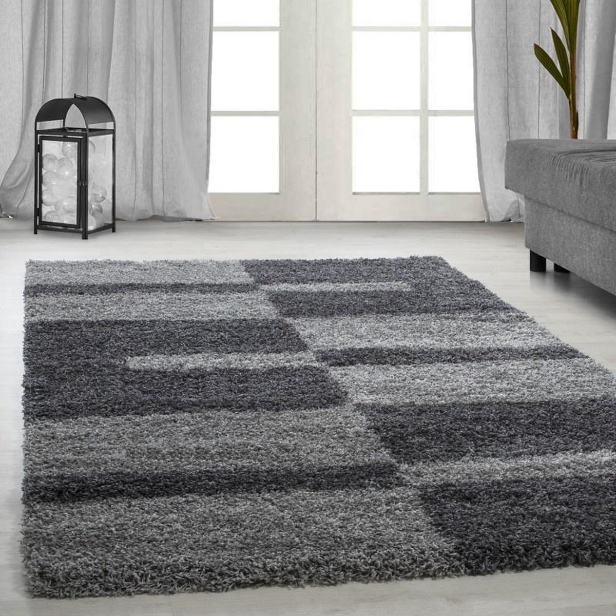 Hoogpolig vloerkleed met ruitpatroon, grijs, geschikt voor de woonkamer, met jute achterkant, afmetingen: 120 cm x 170 cm