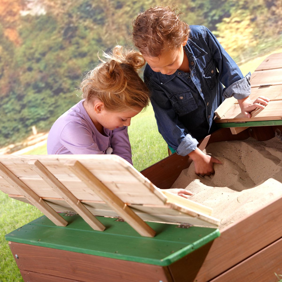 AXI Ella XL Houten Zandbak in Bruin/Groen - Met Zitbankjes en Deksel - FSC hout - 120x120x20cm - Zandbak voor kinderen — afbeelding 9
