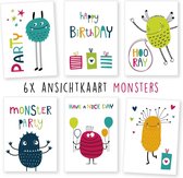 wenskaarten - kaartenset - ansichtkaarten - Verjaardag - monsters - 6 stuks