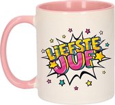 Liefste juf cadeau koffiemok / theebeker wit en roze met sterren - 300 ml - keramiek - cadeau beker / waardering mok