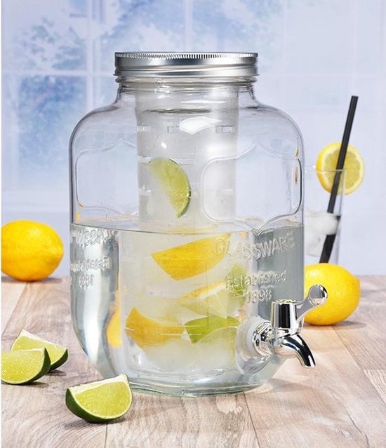 Glazen drank dispenser/limonadetap met kraantje 4 liter en fruit infuser |  bol.com