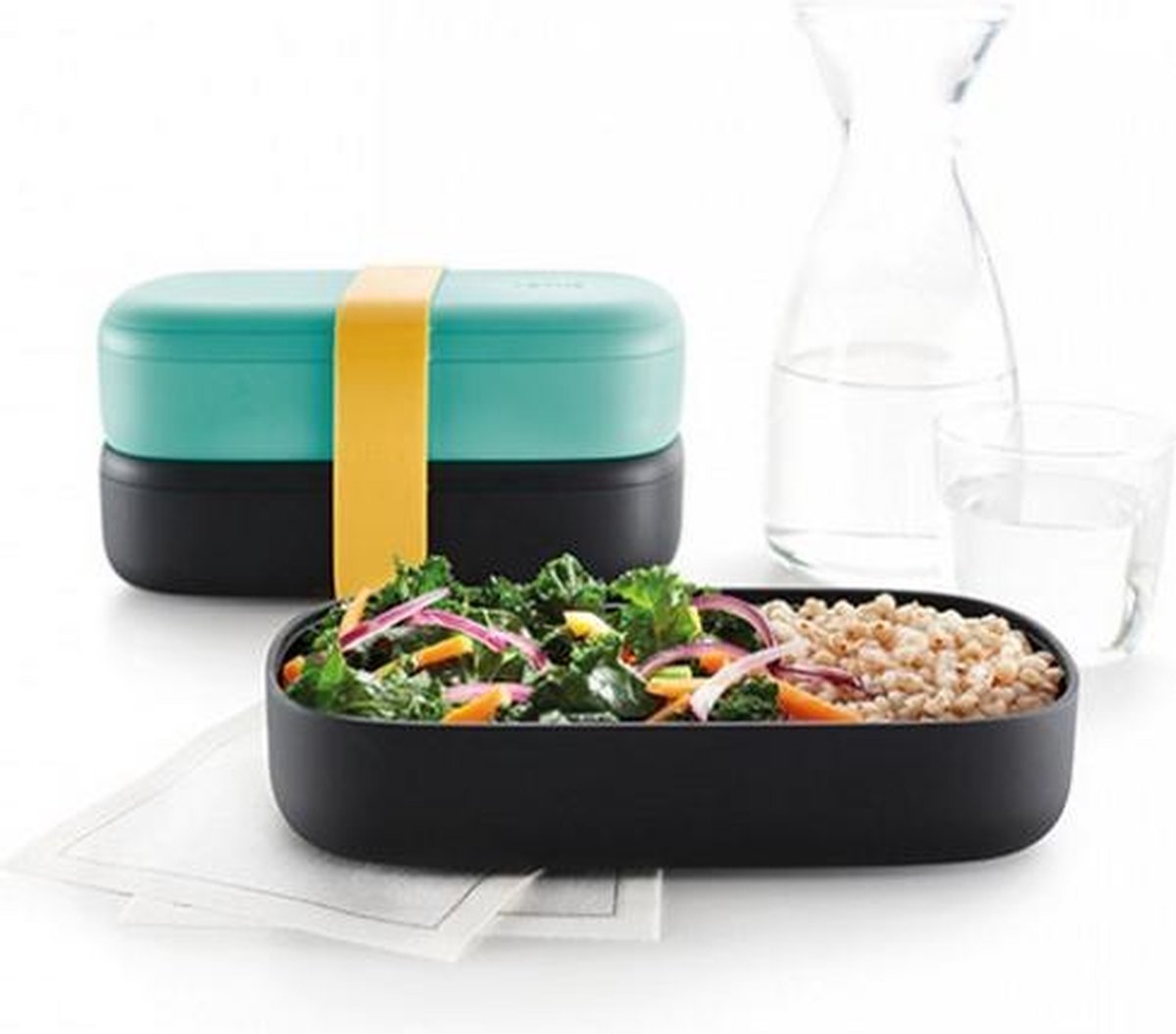 Lékué dubbele lunchbox uit kunststof met silicone band zwart en muntgroen 1L