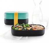 Lékué dubbele lunchbox uit kunststof met silicone band zwart en muntgroen 1L
