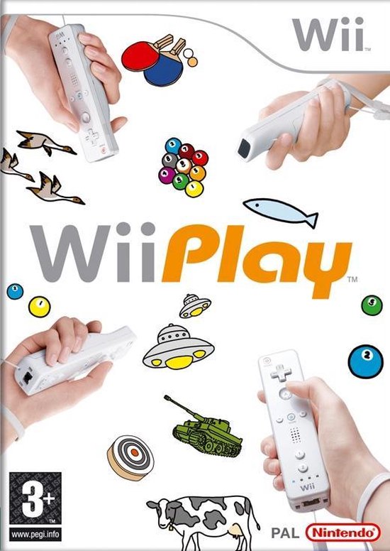 Wii Play speldoos met handen die Wii controllers vasthouden en diverse spel-iconen zoals pingpongbatjes, biljartballen, een vliegende schotel en een koe.