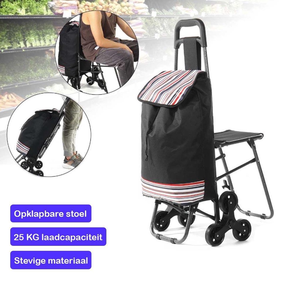 Trolley voor Boodschappen met Zitje Stevige Opvouwbare Boodschappentrolley Handige Traploper met 6