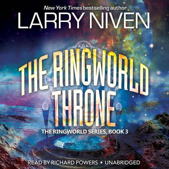 Boekcover van 'The Ringworld Throne' van Larry Niven, met de titel in grote letters en een buitenaards landschap.