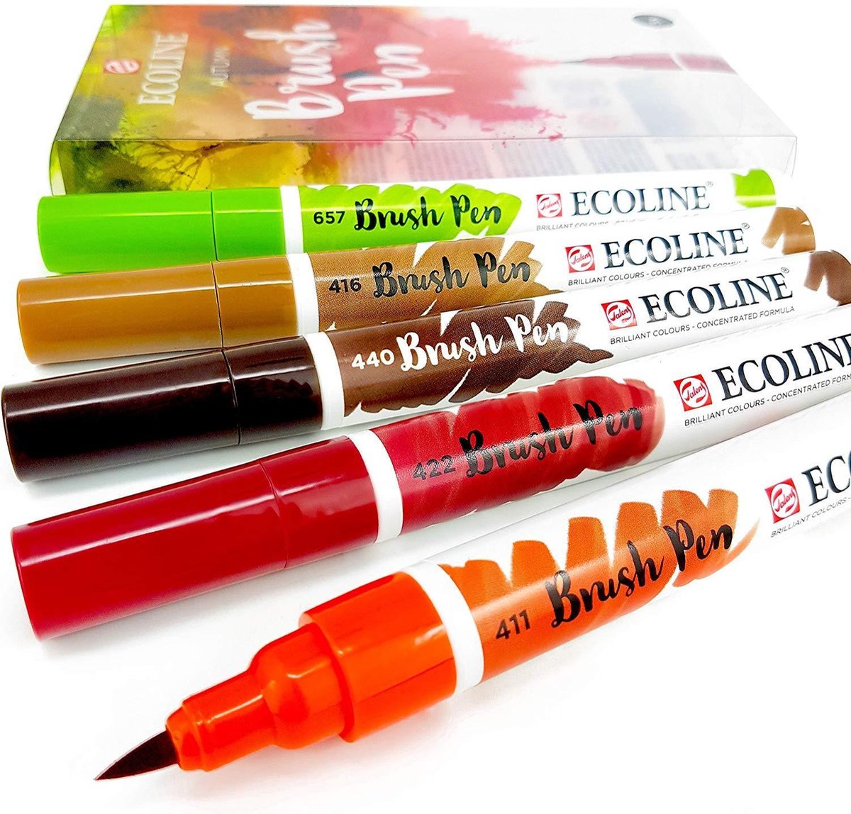 Talens Ecoline Brushpen Set met 5 Pennen (Herfst) + 1 Brush Pen Blender verpakt in een handige Zipperbag + 1 x A4 Ecoline/aquarelblok + Basis Boekje Brush/Handlettering