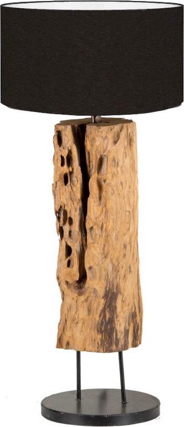 Advertentie betreden Onderbreking Industriële teak houten tafellamp 'Nena' met zwarte lampenkap - Robuuste  stoere houten... | bol.com