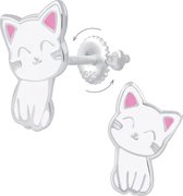 Joy|S - Zilveren kat poes oorbellen 8 x 12 mm wit