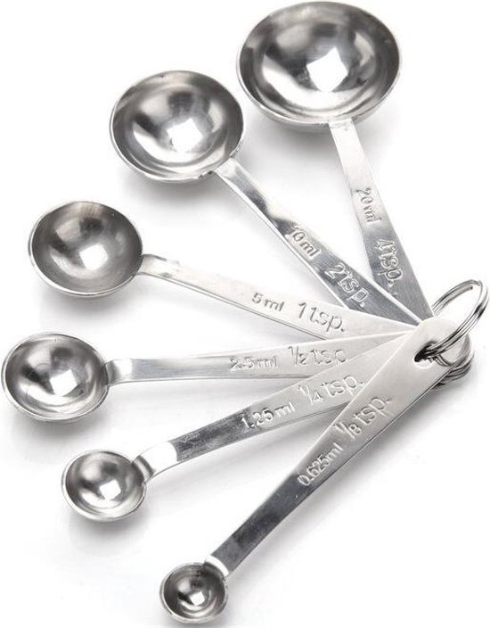 Maatlepel van roestvrij staal, maatlepel, 6 maatlepels, lepel met droge en vloeibare ingrediënten, keukengereedschap voor granen, specerijen, suiker, zout, olie, koffie