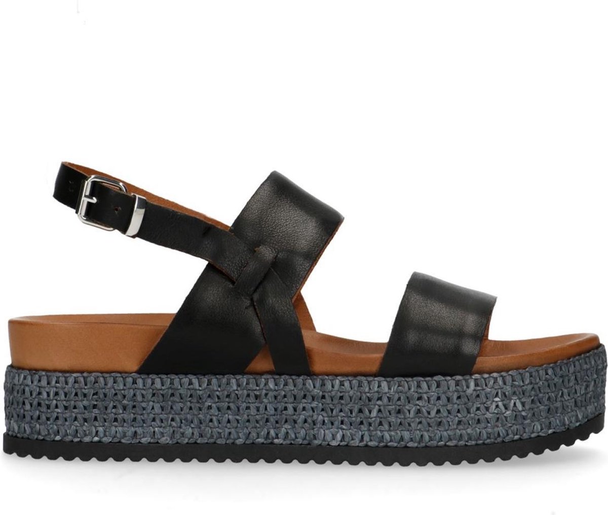 Sacha - Dames - Zwarte leren plateau sandalen - Maat 39 | bol.com