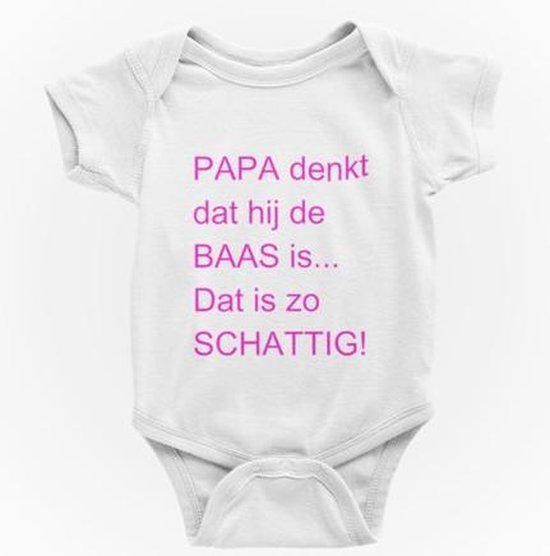 Passie voor stickers Baby rompertjes met tekst: Papa denk dat hij de baas is dat is zo schattig  98/104