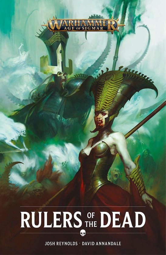 Warhammer Age of Sigmar Rulers of the Dead boek met een vrouwelijke figuur met een gouden helm en een man op de achtergrond.
