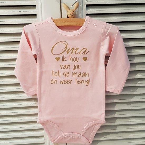 Baby Rompertje met tekst roze meisje oma ik hou van jou tot aan de maan en terug lange mouw roze goud maat 74-80
