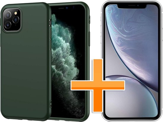 HB Hoesje Geschikt voor Apple iPhone 11 Pro Max - Siliconen Back Cover & Glazen Screenprotector - Groen