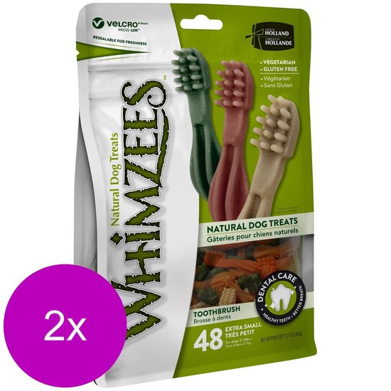 Groene verpakking met 3 Whimzees hondenkoekjes in tandenborstelvorm: groen, roodbruin, beige. 'Natural Dog Treats'. 48 stuks.