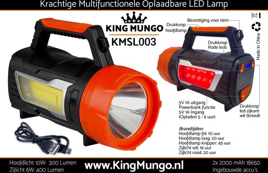 Hijgend fusie domein Zaklamp LED Oplaadbaar Grote Schijnwerper | Oplaadbare Handschijnwerper  King Mungo KMSL003 | bol.com