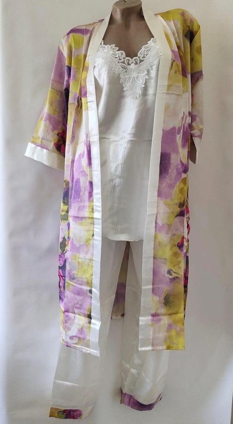 Dames satijn pyjama set 3 delige met kimono XL 40-42 wit/lila