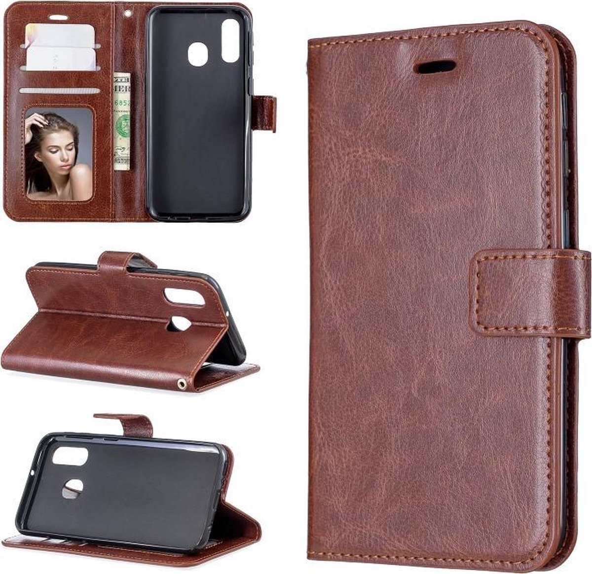 Bookcase Geschikt voor: Samsung Galaxy A20E - Bruin - portemonnee hoesje