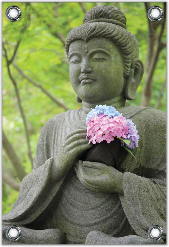 Tuinposter –Buddha met Bloemen– 30x40cm Foto op Tuinposter (wanddecoratie voor buiten en binnen)