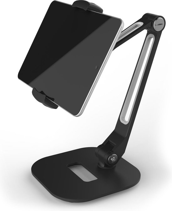 Support universel XL orientable à 360 ° |Modèle de table Pour tablette, téléphone portable, smartphone et appareil photo | Base en aluminium stable noire | Support de bureau
