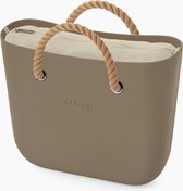 O bag mini bestseller handtas in taupe, compleet met korte touw handvatten in naturel en canvas binnentas in naturel