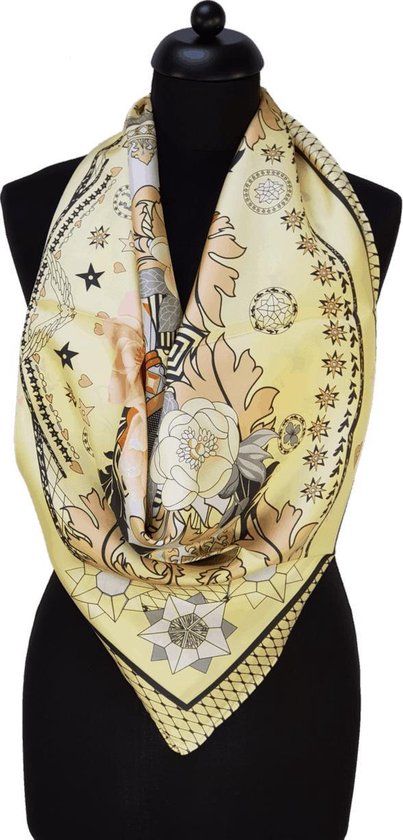 ThannaPhum Luxe zijden sjaal - Lichtgroen met bloem motieven 85 x 85 cm