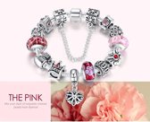 Verzilverde Bedel Armband Queen’s Crown Rood Roze 18cm-Cadeau Vrouw- Cadeau Meisje - Valentijn Cadeau