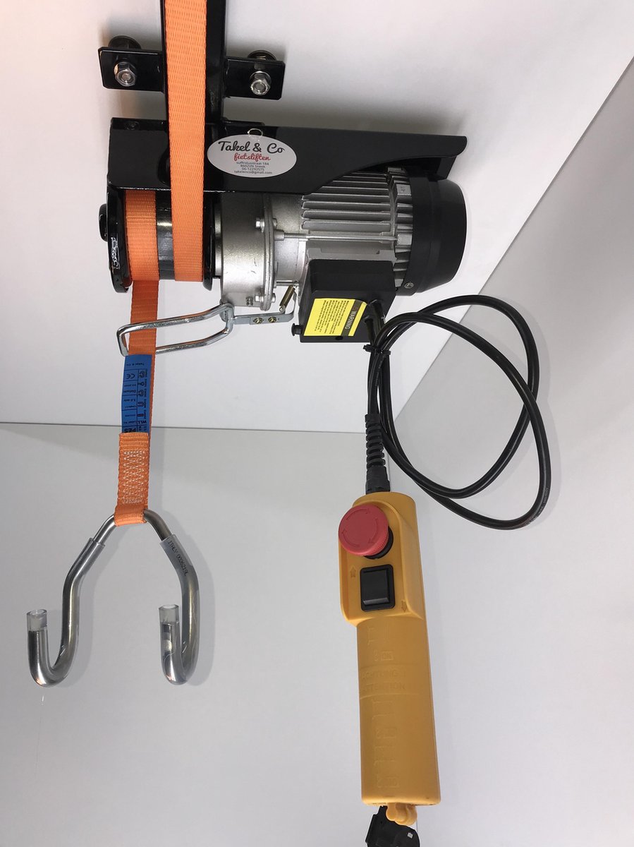 Takel en Co Electrische Fietslift zwart met oranje hijsbanden 125kg met CE-Keur certificering
