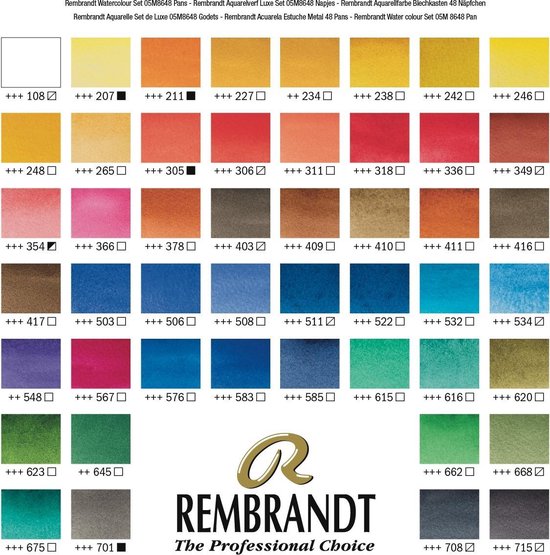 Rembrandt Professionele aquarelverf, metalen set, 48 halve Napjes + 1 penseel, algemene kleurenselectie - Rembrandt