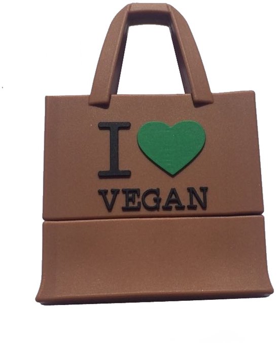 Bruine tas met "I LOVE VEGAN" tekst en een groen hart.