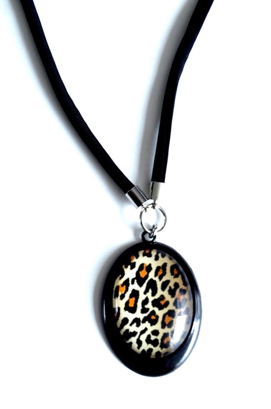 2 Love it Leopard Black - Collier - Cordon élastique - Pendentif 30 x 40 mm - Métal - Plombs et sans nickel - Marron - Wit - Zwart - Couleur argent