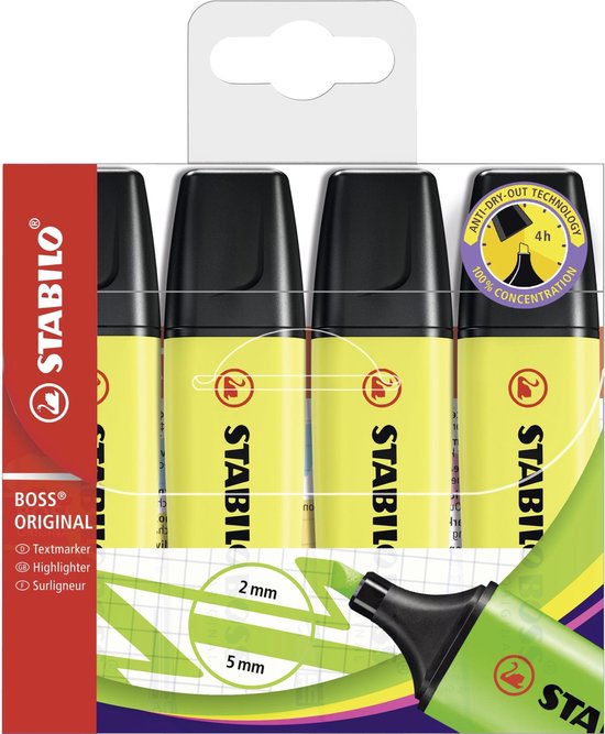 Surligneurs STABILO BOSS ORIGINAL - Etui 4 surligneurs jaune fluo