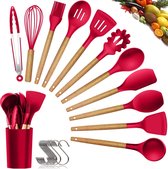 Keukengerei Set 12 delig Rood - Inclusief Kookgerei Houder - Bamboe - Silicone