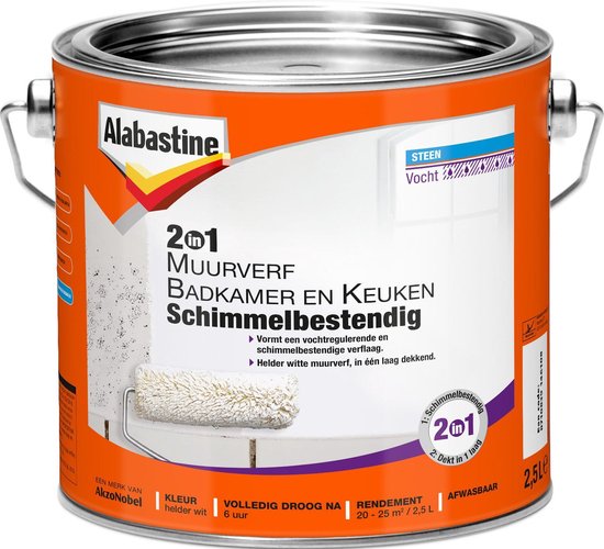Alabastine 2 in 1 badkamer en keuken muurverf - wit - 2,5 liter