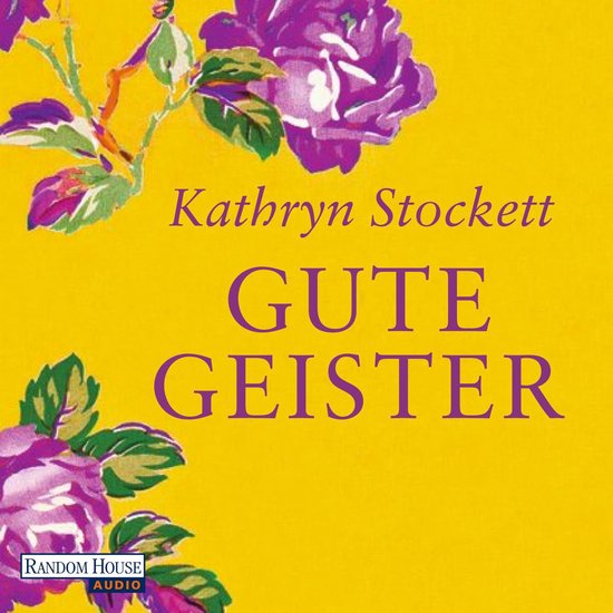 Boekcover met de titel "Gute Geister" van Kathryn Stockett op een gele achtergrond met paarse en roze bloemen.