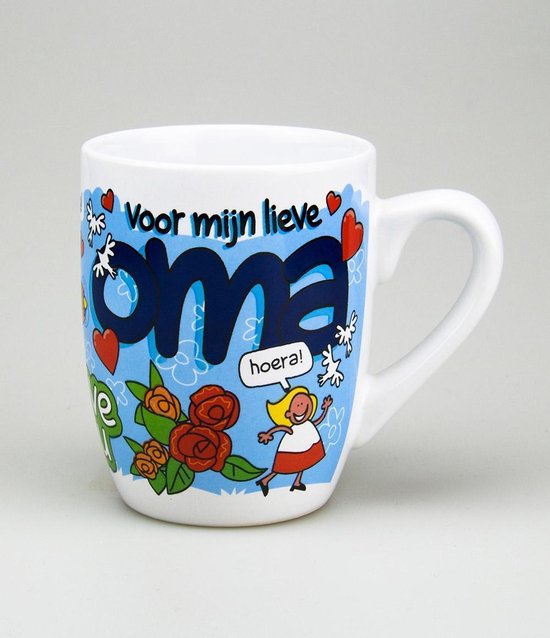 Mok - Cartoon Mok - Voor mijn lieve Oma - Gevuld met een snoepmix - In cadeauverpakking met gekleurd krullint