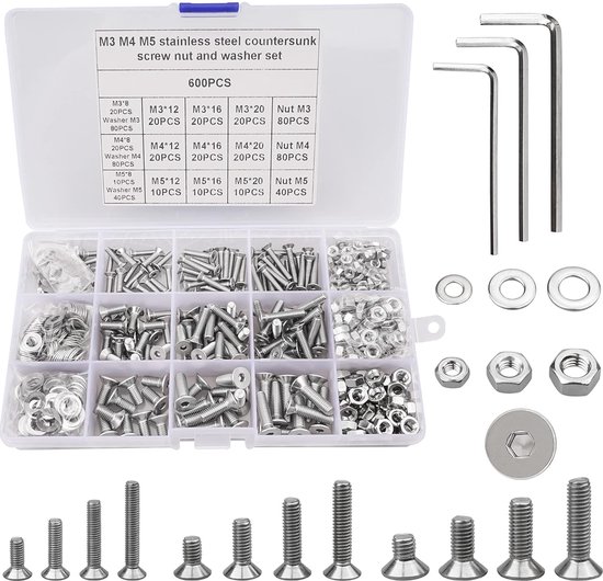 Jeu de 600 boulons à tête fraisée M3 M4 M5, écrous et rondelles, tête plate en acier inoxydable 304, capuchon Allen, vis à métaux hexagonales, assortiment de 3 clés Allen gratuites (8/12/16/20 mm)