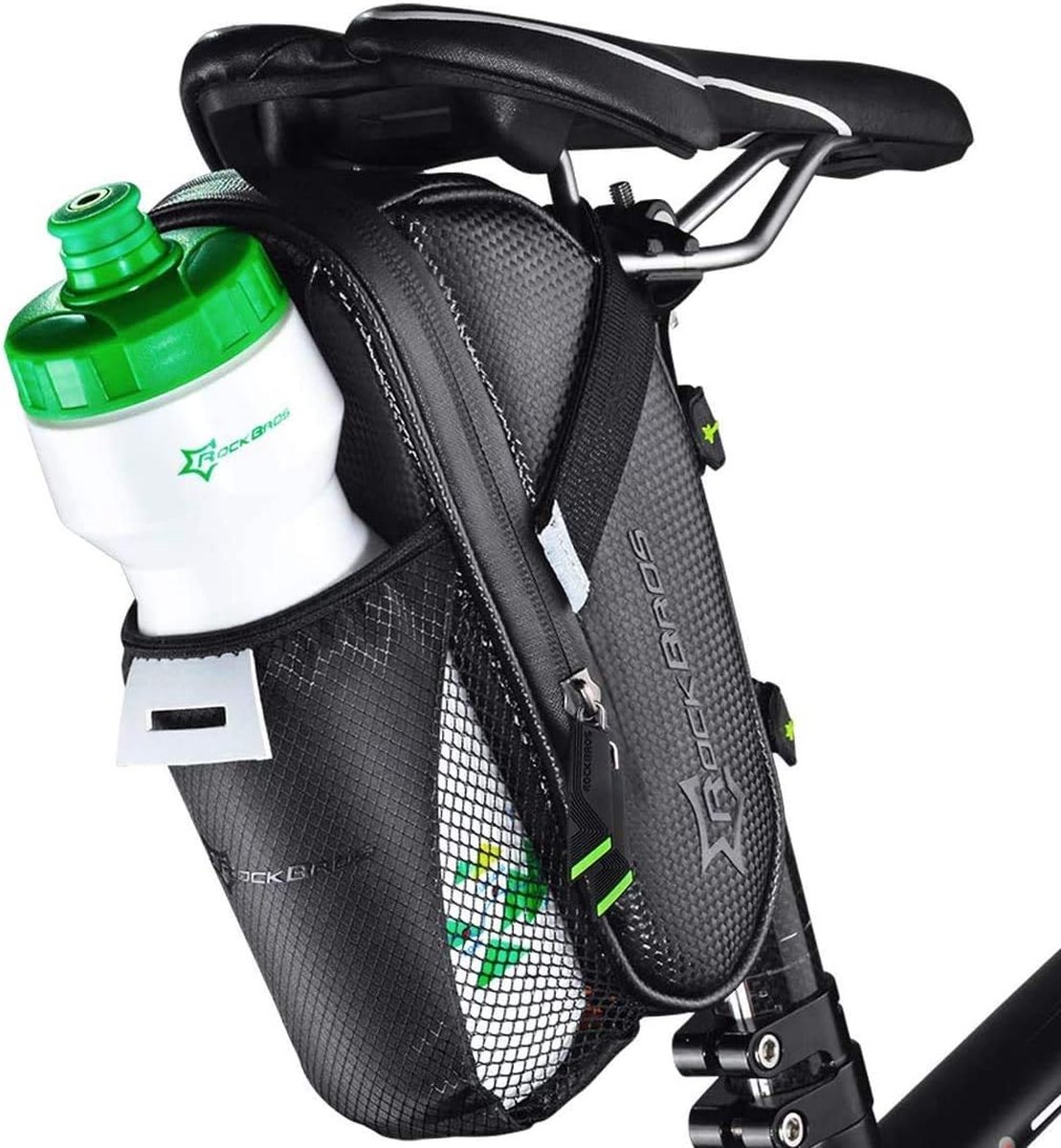 Zadeltas voor op de fiets, met flessenhouder, waterdicht, krasbestendig, reflecterend, zwart