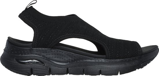 Sandale noire Skechers Arch Fit avec brides en tissu et semelle épaisse.