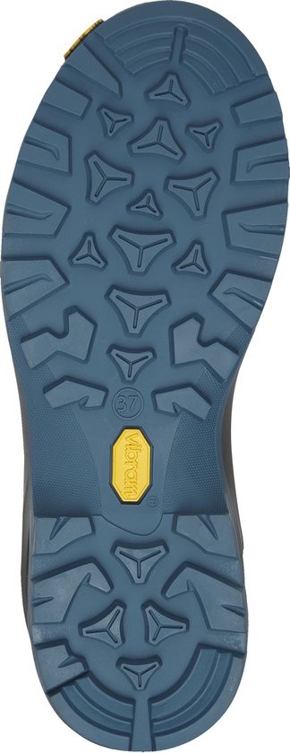 Onderkant van een blauwe Vibram zool van een wandelschoen.