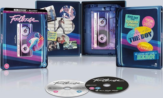 Footloose 4K UHD + Blu-ray steelbook open, met de cassette, 2 schijven en collages van filmscènes.