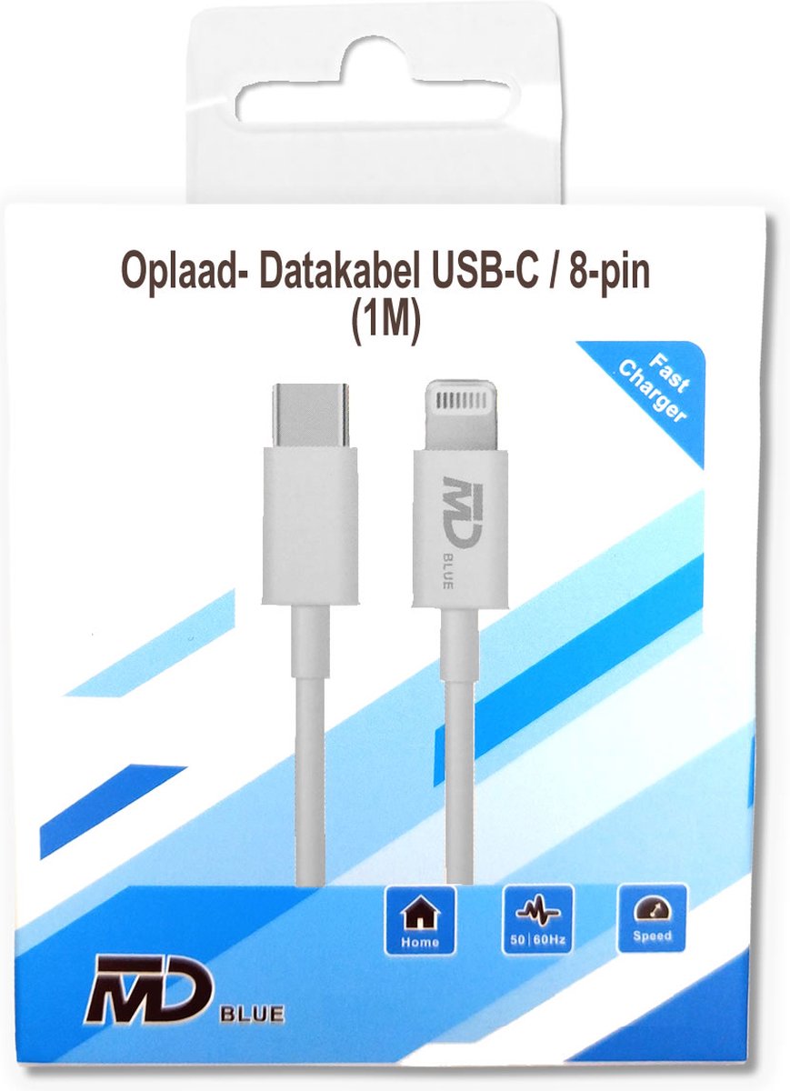 MDblue - Oplaadkabel USB-C naar Lighting - 1 meter - Oplaadkabel geschikt voor Apple iPhone - Wit