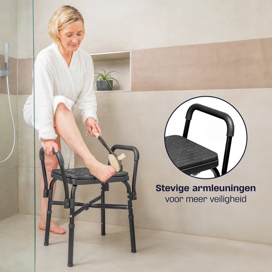 Sanicraft® Douchestoel - Douchekruk met Armleuning & Douchekophouder - Stoel & Kruk in 1 - Verstelbare Hoogte - Anti-Slip Poten - Zwart
