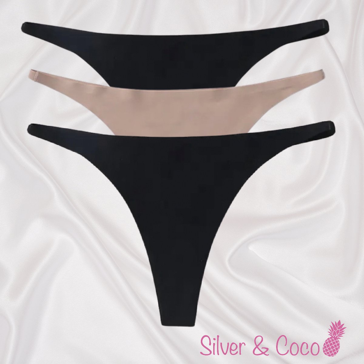 SilverAndCoco® - 3 Stuks Naadloze Strings / Seamless String Onderbroek Dames / Zacht Brazilian Slipje / Naadloos Stretch Ondergoed Vrouw / Strings Dames Lingerie Broekje Slip Black Nude - Zwart / Camel Large