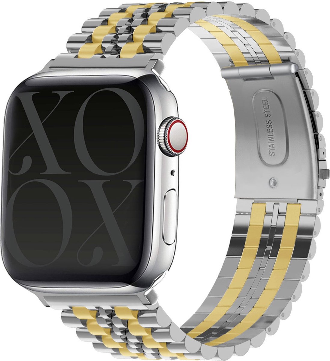 xoxo Wildhearts stalen bandje - Geschikt voor Apple Watch - Series 1/2/3/4/5/6/7/8/9/10/SE - Maat: 38 mm / 40 mm / 41 mm / 42 mm - Hoogwaardig RVS Staal - Horlogeband - incl. horloge inkorter - Zilver/Goud