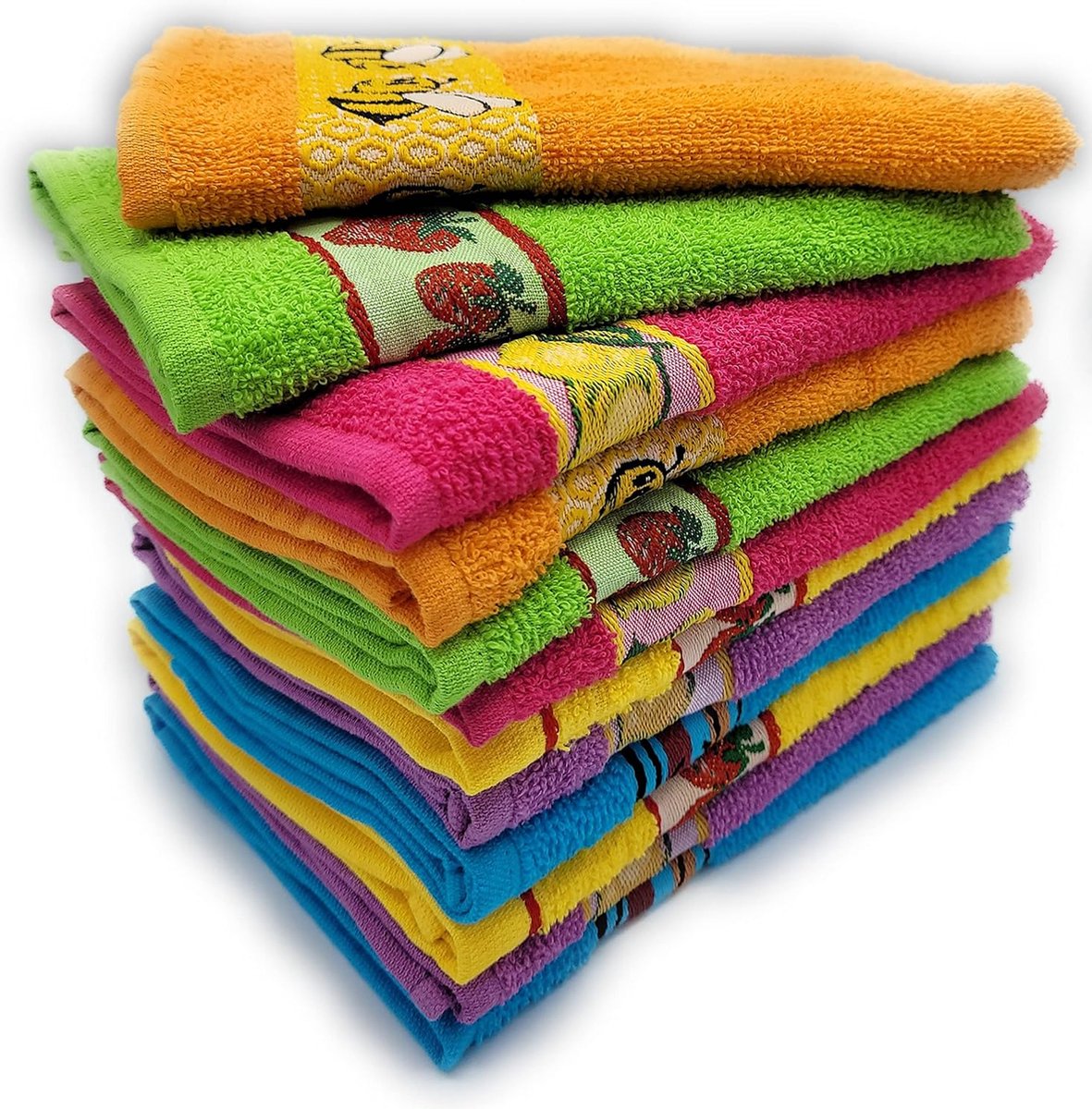 Abeigestar Torchons De Cuisine 100% Coton,Broderie Dessin, Multicolore, Lot De 12 Torchons (Frutos